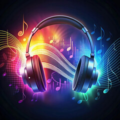 A headphone illustration with a flowing music