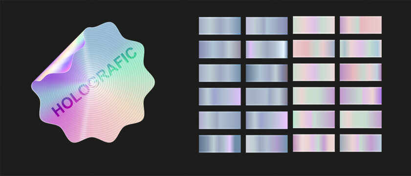 Holographic, silver foil texture background set. Gold hologram metallic gradient collection. Vector graphic iridescent