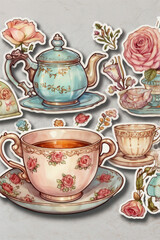 A collection of vintage tea set items including a teapot, teacups, and floral decorations