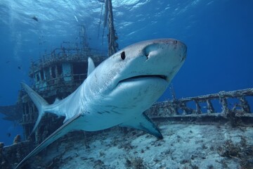 Fototapeta premium A large tiger shark glides gracefully through the clear blue water near a sunken shipwreck. Surrounding marine life adds to the underwater scenes beauty and mystery