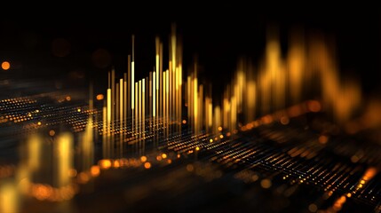 Stunning golden data visualization with glowing network on dark background, perfect for showcasing tech innovation and financial growth concepts