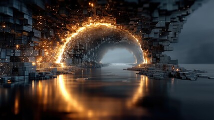 ブロック状の壁を持つ未来的なトンネルの入口が、きらめく黄金色の粒子と光で縁取られている様子 | Futuristic tunnel entrance with block walls framed by shimmering golden particles and light reflection