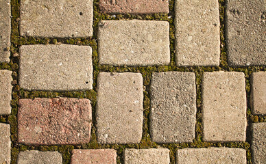 An ancient road made of cobblestones and moss, background, texture. An ancient road. A path made of bricks covered with mold.