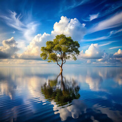 A lone tree stands in a calm sea during rain, symbolizing solitude