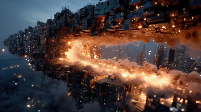 夜空に浮かぶ巨大な未来都市構造物から激しいエネルギーが噴出するSFの景色 | Intense energy bursting from a massive futuristic city structure floating in the night sky, science fiction scene