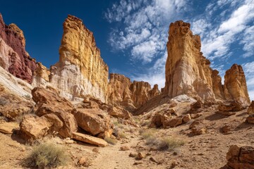 Fototapeta premium Vivid rock formations rise sharply from a sandy desert floor. The scene captures the interplay of colors and textures as clouds move across the bright blue sky, creating a tranquil atmosphere