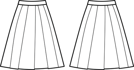 Pleated skirt fashion illustration, vector drawing, front view, A-line silhouette, garment design, sewing pattern, apparel template, technical sketch