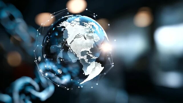 A glowing blockchain sphere suspended in mid air luminous chains linking across continents cryptocurrency icons orbiting around it atmosphere of transparency decentralization