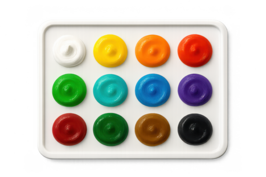 Artist watercolor paint set with colorful gouache paints creating a vibrant rainbow palette for creativity, transparent background