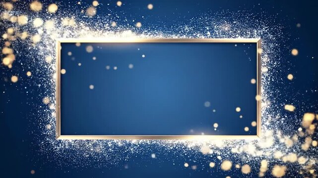 Rectangular frame with golden border surrounded by sparkling lights and white dust on a gradient blue background.