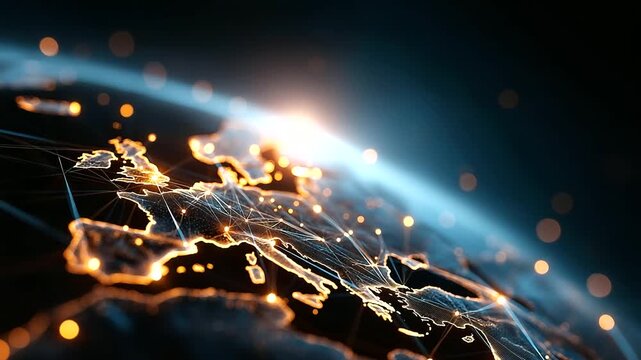 A futuristic digital hub where AI and machine learning integrate into glowing global systems nodes connecting continents with radiant light atmosphere of unity innovation and