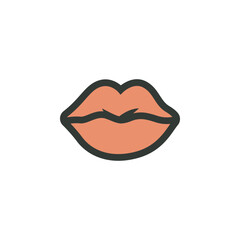 Simple Pop Culture Graphic Icon of Human Lips, Featuring a Stylized Retro Kiss Symbol in a Salmon-Pink Tone with a Thick, Bold Dark Black Contour Outline
