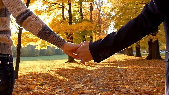 Back view of couple standing holding hands along sunlit park path during autumn surrounded by vibrant golden foliage and fallen leaves, close up of the hands with no faces