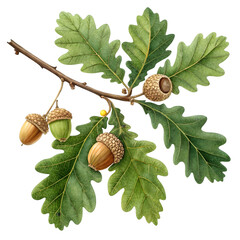 Oak Branch with Acorns and Green Leaves Isolated on White Background - Autumn Nature Botanical Illustration on transparent background