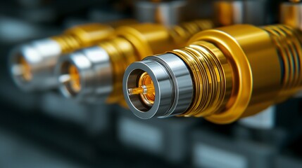 Obraz premium Macro shot of dual hydrogen-SAF nozzle connecting clean fuel line to aircraft wing.