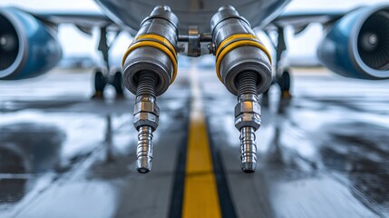 Macro shot of dual hydrogen-SAF nozzle connecting clean fuel line to aircraft wing.
