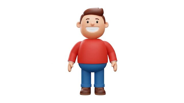 A cartoonish 3D male character with brown hair, a red shirt, blue pants, and brown shoes, smiling broadly