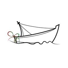 Minimalist line art icon of a sailing boat with a decorative ribbon, isolated on transparent background for travel, adventure and sea journey themes