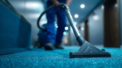Dedicated cleaner meticulously vacuuming bright blue carpet in modern hotel hallway, ensuring pristine environment for guests