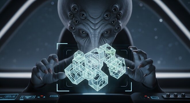 Alien scientist manipulates futuristic holographic blueprint in advanced spacecraft cockpit, exploring complex geometry for interstellar innovation.