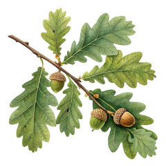 Oak Branch with Green Leaves and Acorns on White Background on transparent background