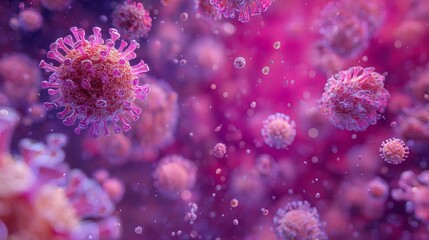 Microscopic view of vibrant pink coronavirus particles floating in a blurry purple environment, representing a global health threat and scientific research.