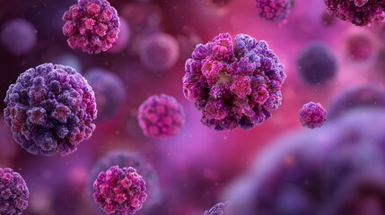 Microscopic view of vibrant pink and purple virus particles floating in a softly blurred biological environment, representing disease and research.