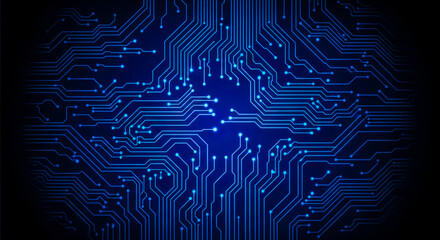 Abstract blue circuit board with glowing nodes and lines
