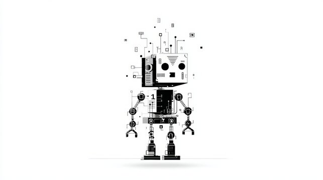 Striking modern robotic figure with circuit board details and binary code elements, symbolizing innovation and artificial intelligence in technology