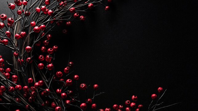 Elegant red berries on dark branches against a dramatic black backdrop
