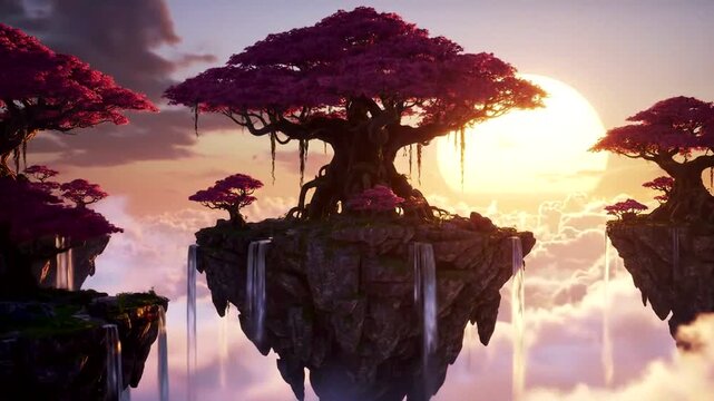 An enchanting sunset over a vibrant, floating landscape filled with magical pink trees and serene waterfalls.