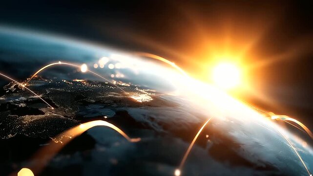 A futuristic digital hub where AI and machine learning integrate into glowing global systems nodes connecting continents with radiant light atmosphere of unity innovation and