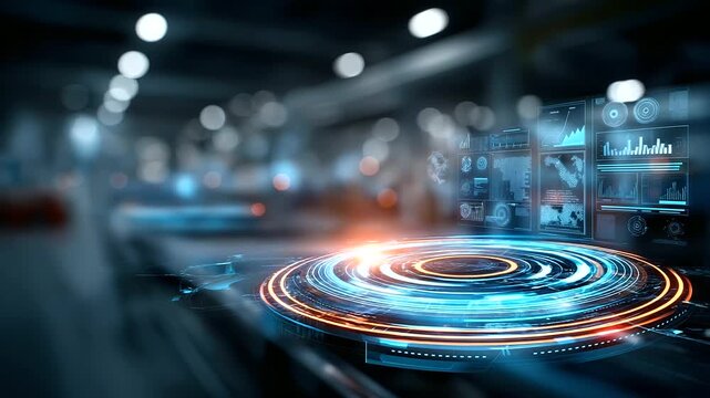 A futuristic industrial factory floor controlled by a massive MES holographic dashboard glowing gears production stats and efficiency charts floating around engineers