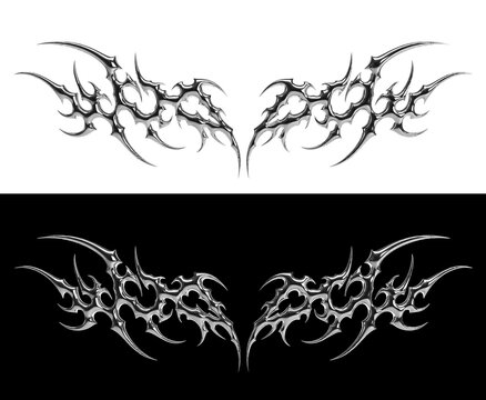 3D chrome tribal wings set with metallic silver texture, sharp futuristic spikes, and black and white backgrounds. Perfect for Y2K streetwear, cyberpunk fashion, or digital tattoo designs
