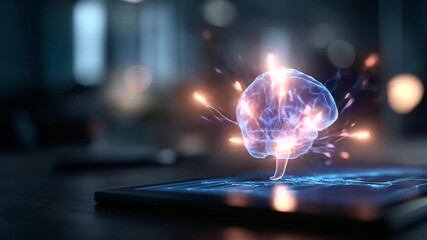 A glowing AI brain visualization hovering above a touchscreen neural circuits sparking with blue and violet light atmosphere of innovation learning and powerful digital - Powered by Adobe