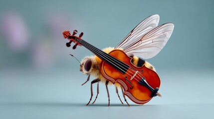 Bug is holding a violin on its back. The bug is small and brown. The violin is brown and has a black string. The bug is standing on a white surface