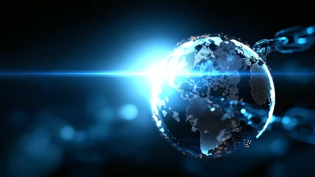 A glowing blockchain sphere suspended in mid air luminous chains linking across continents cryptocurrency icons orbiting around it atmosphere of transparency decentralization