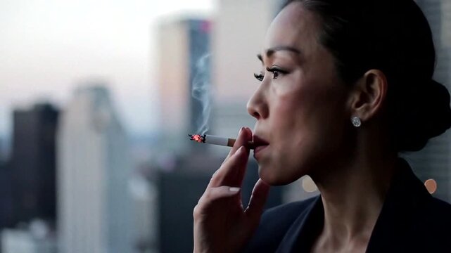 A sophisticated evening scene captures a woman smoking in a city backdrop, embodying elegance and solitude.