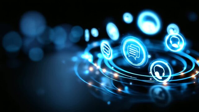 A glowing customer support dashboard filled with chat icons speech bubbles and headset symbols atmosphere of communication service and digital excellence with copy space