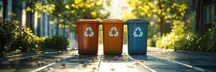 Colorful recycling bins lining urban sidewalk, representing sustainable waste management practices