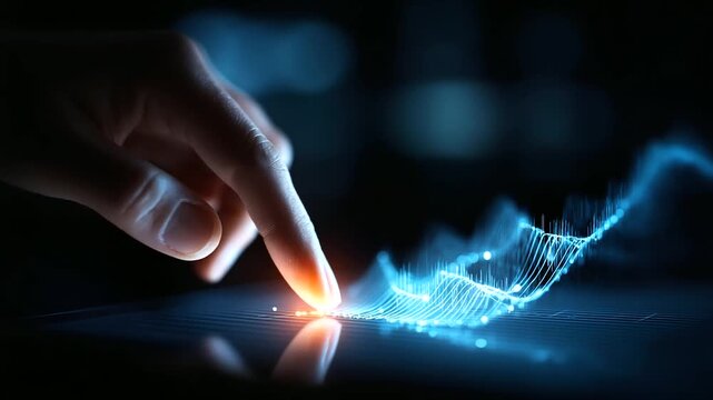 A glowing touchscreen where a hand interacts with predictive graphs market curves illuminating in blue light atmosphere of innovation foresight and technological advancement