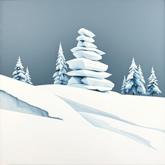 An abstract winter landscape composed of stacked, geometric snow drifts and crystalline trees, in a clear cream and cerulean blue palette gradient