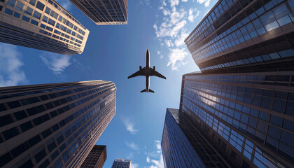 Looking up to a jet flying in a blue sky above tall skyscrapers in a city