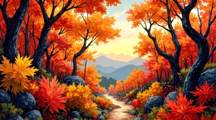 A vibrant autumn forest at sunset, with fiery red and orange trees lining a calm river that mirrors the golden sky. Dark, gnarled tree trunks frame the scene, while rocks 