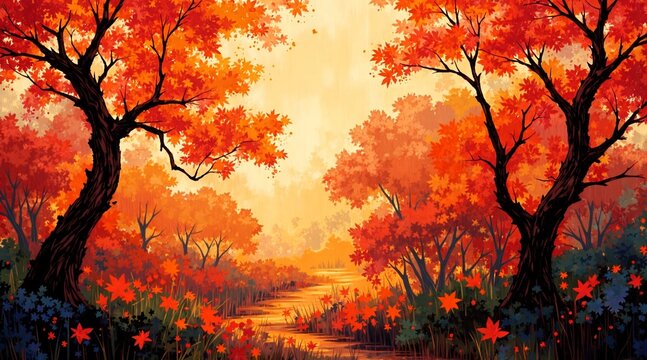 A vibrant autumn forest at sunset, with fiery red and orange trees lining a calm river that mirrors the golden sky. Dark, gnarled tree trunks frame the scene, 
