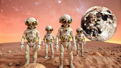 Four Alien Explorers on the Surface of an Unknown Planet