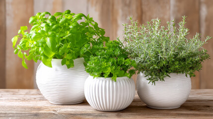 Fototapeta premium Fresh herbs in white pots displayed on a wooden table