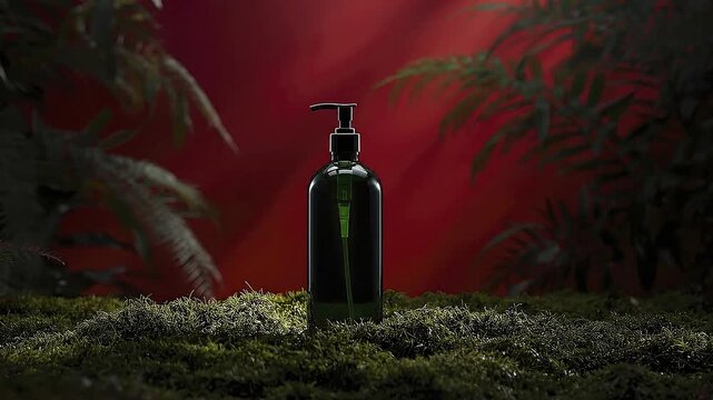 A sleek, dark green pump bottle is elegantly displayed on a vibrant bed of green moss, with blurred botanical elements and a striking red backdrop creating a sophisticated, natural ambiance. This appe