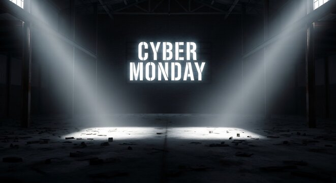 Cyber Monday concept. Spotlight shines on 'Cyber Monday' in an industrial warehouse. E-commerce, online shopping, retail, and marketing visuals. Perfect for promotions.