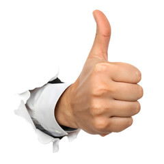 Human Hand Showing Thumbs Up Gesture Emerging From Ripped White Surface on transparent background